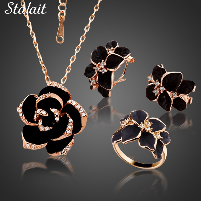 Fashion Rose Flower Enamel Jewelry Set Rose Gold Color