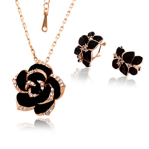 Fashion Rose Flower Enamel Jewelry Set Rose Gold Color