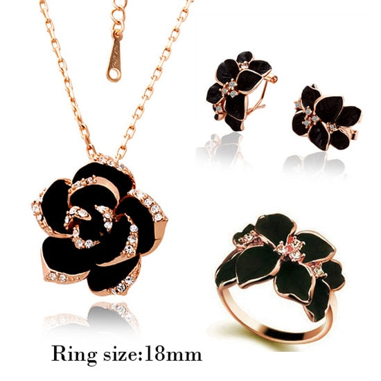 Fashion Rose Flower Enamel Jewelry Set Rose Gold Color
