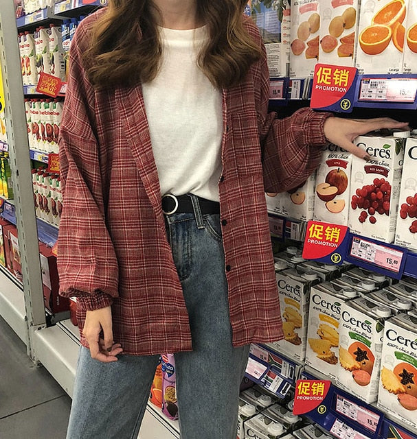 2019 New Woman Vent Vintage Plaid Shirt Single
