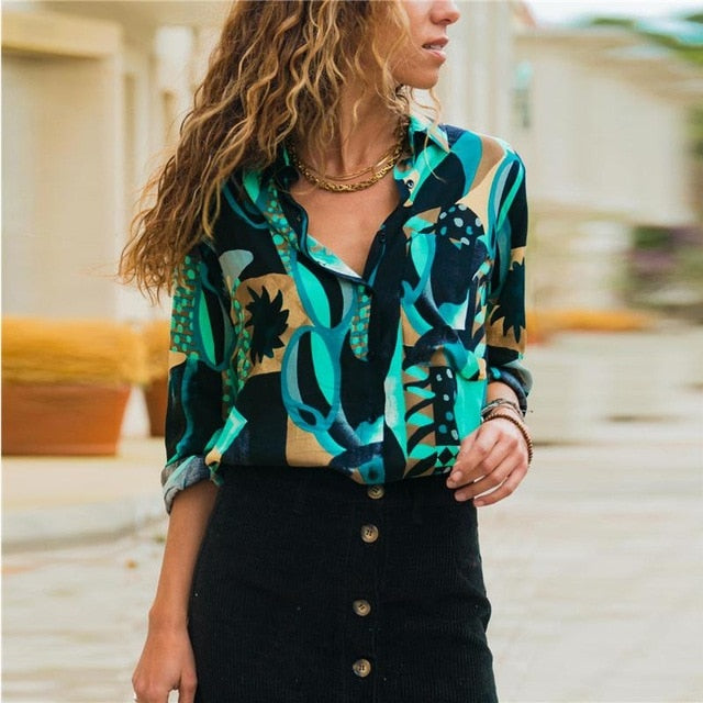 2019 New Fashion Print Women Blouses Long Sleeve