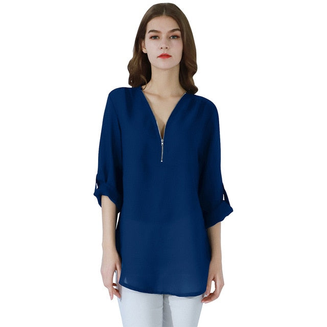 Fashion Women Blouse Zipper Chiffon Blouse Office