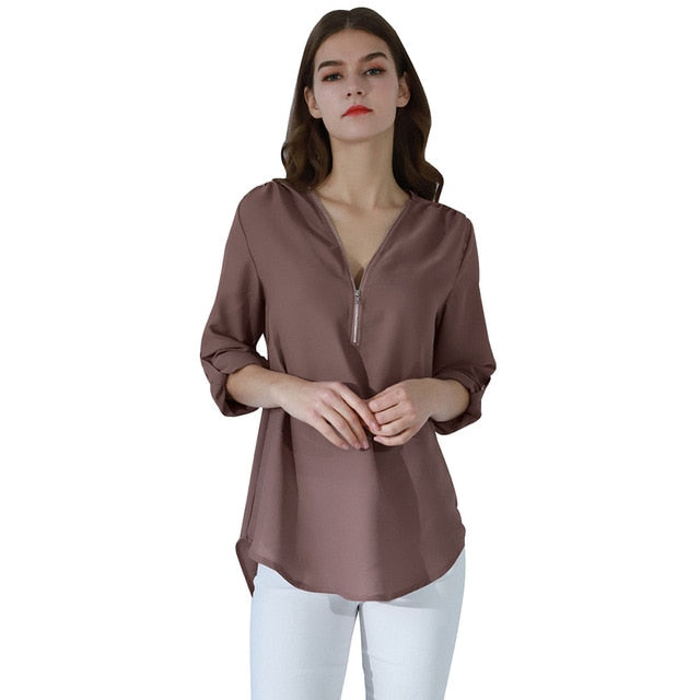 Fashion Women Blouse Zipper Chiffon Blouse Office
