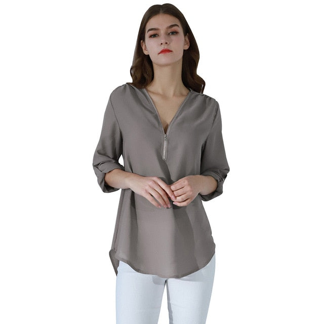 Fashion Women Blouse Zipper Chiffon Blouse Office