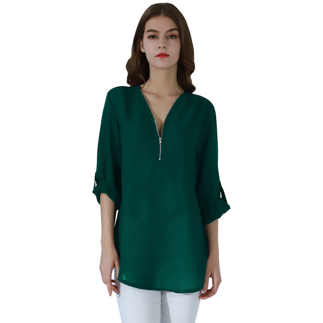 Fashion Women Blouse Zipper Chiffon Blouse Office