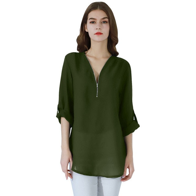 Fashion Women Blouse Zipper Chiffon Blouse Office