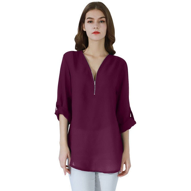 Fashion Women Blouse Zipper Chiffon Blouse Office