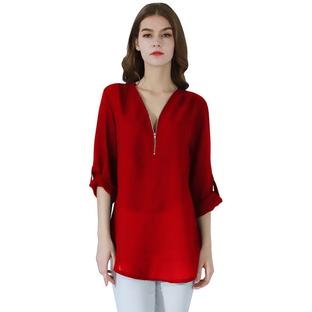 Fashion Women Blouse Zipper Chiffon Blouse Office