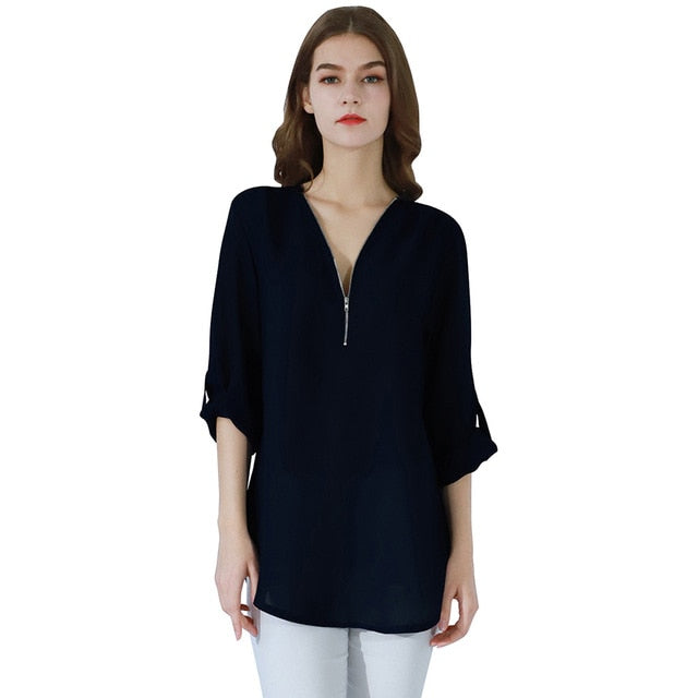 Fashion Women Blouse Zipper Chiffon Blouse Office