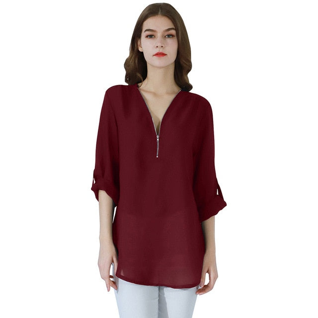 Fashion Women Blouse Zipper Chiffon Blouse Office