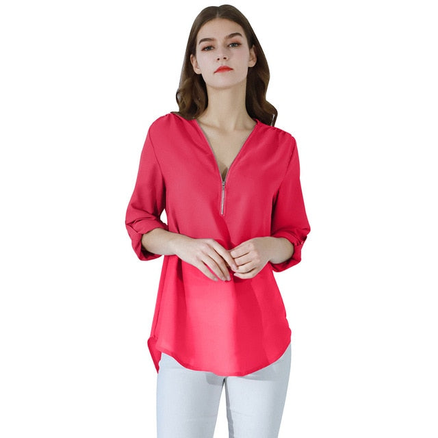 Fashion Women Blouse Zipper Chiffon Blouse Office