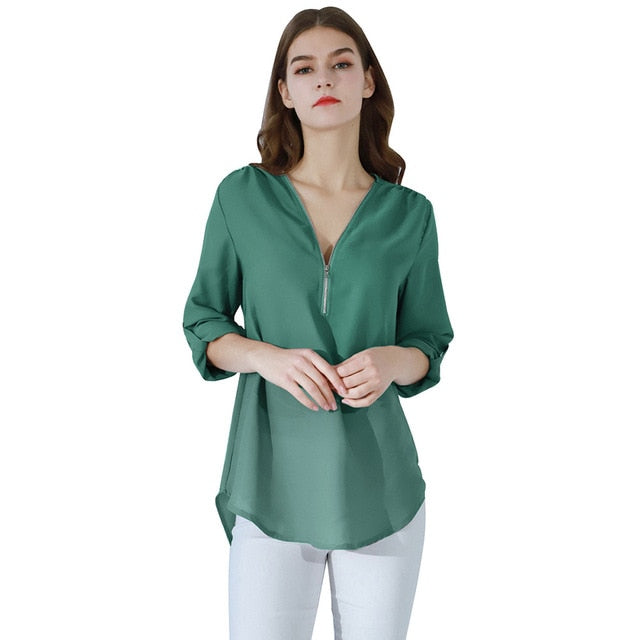 Fashion Women Blouse Zipper Chiffon Blouse Office