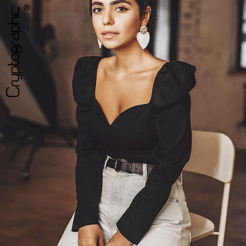 Cryptographic Vintage Square Collar Casual Puff Sleeve