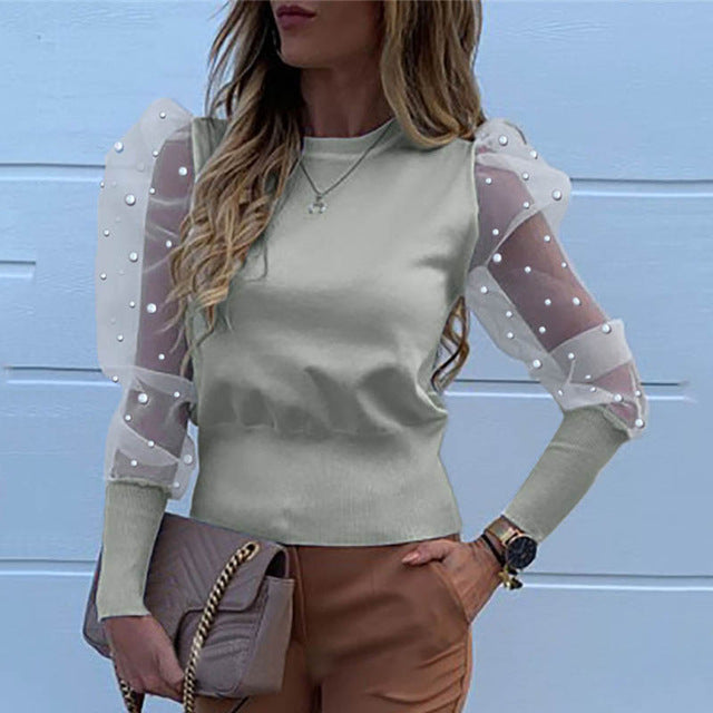 Lady Embroidery Lantern Sheer Mesh Sleeve Blouse