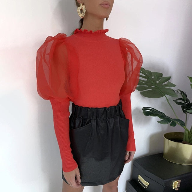 Lady Embroidery Lantern Sheer Mesh Sleeve Blouse