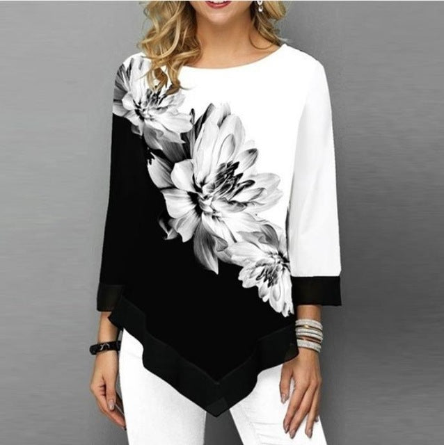 Shirt Women Spring Autumn  O-neck Blouse 3/4 Sleeve