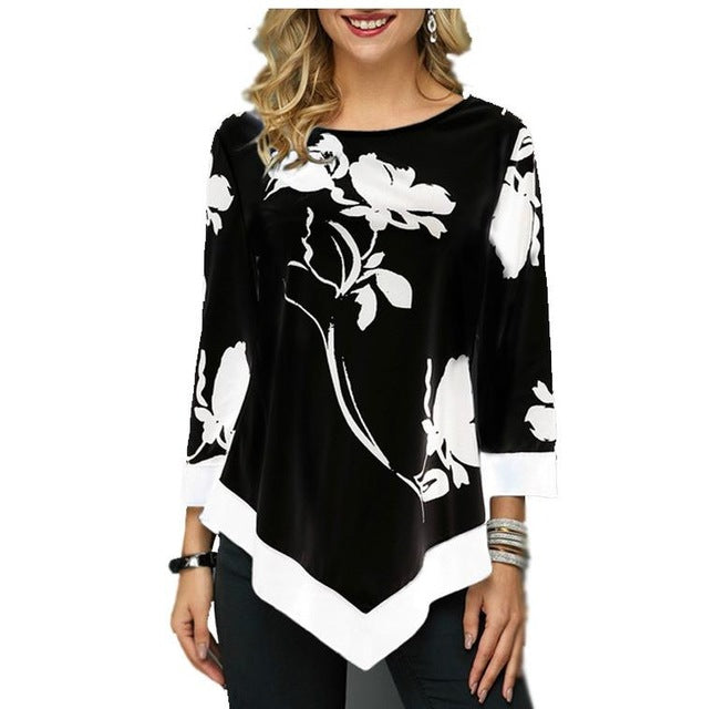 Shirt Women Spring Autumn  O-neck Blouse 3/4 Sleeve