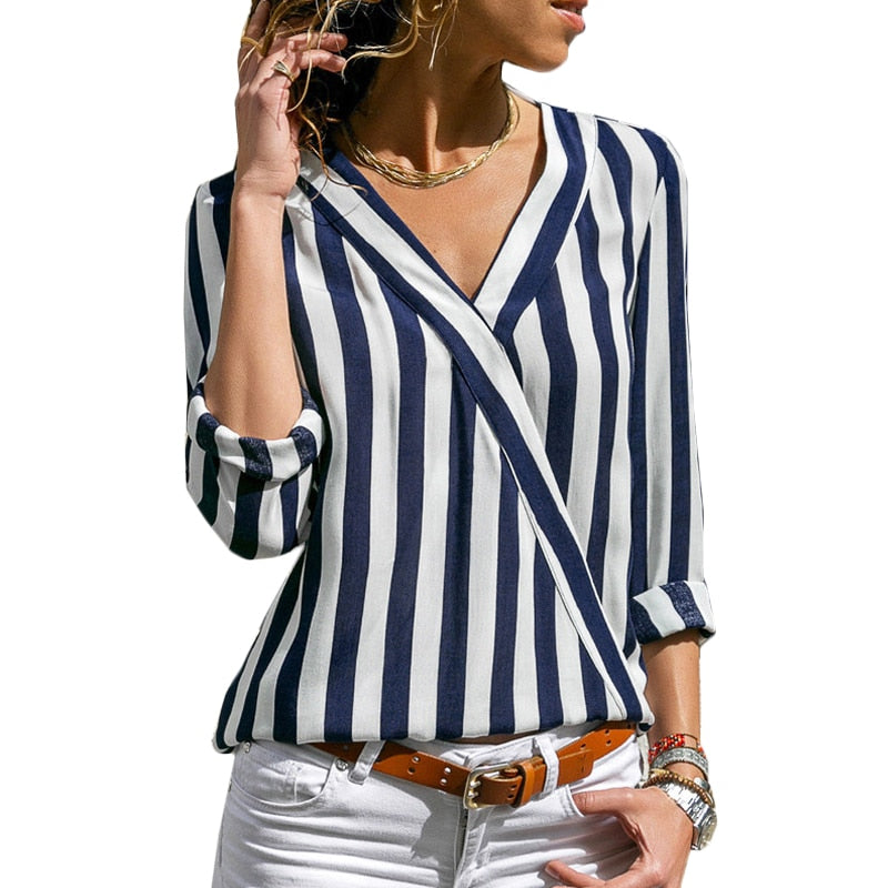 Women Striped Blouse Shirt Long Sleeve Blouse