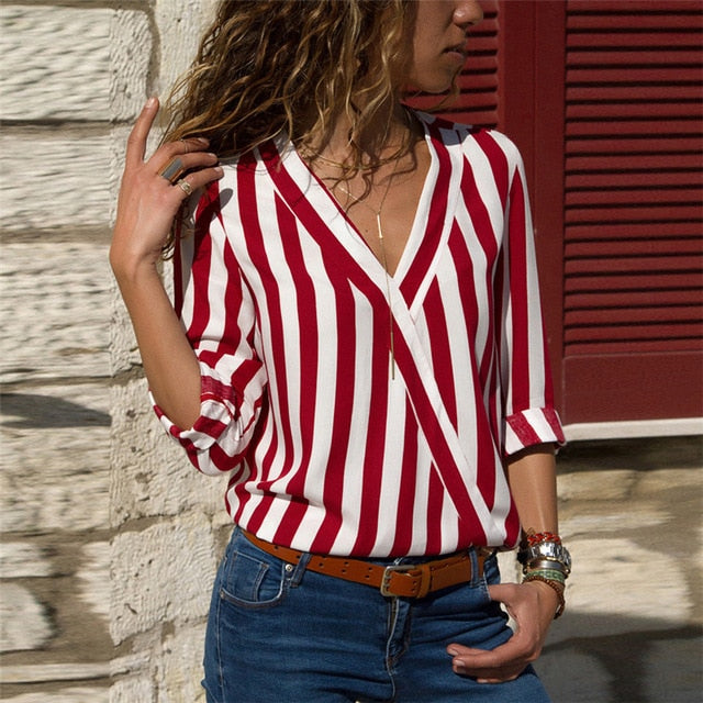 Women Striped Blouse Shirt Long Sleeve Blouse