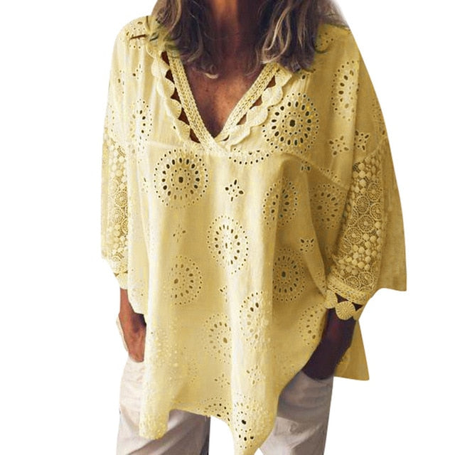 cotton Embroidery women Lace ditch flower shirts