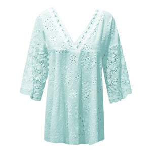 cotton Embroidery women Lace ditch flower shirts