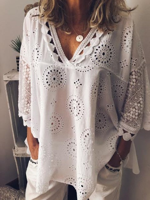 cotton Embroidery women Lace ditch flower shirts