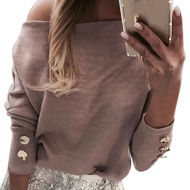 Sexy Off Shoulder Women Blouse Button Decor