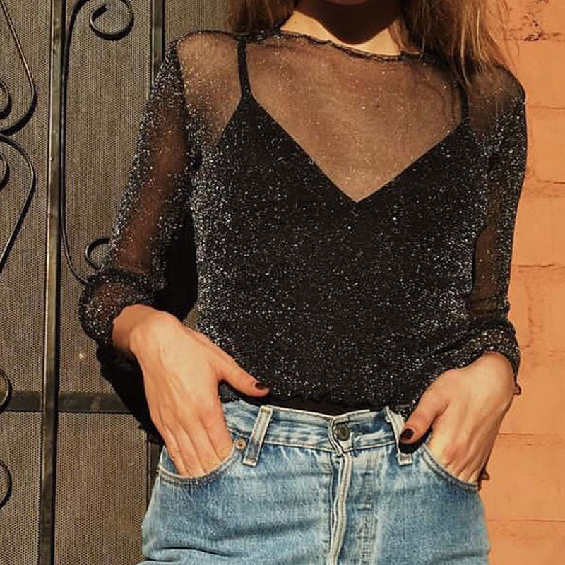 Sexy Women Blouses Glitter Sheer Mesh Top Long-Sleeve
