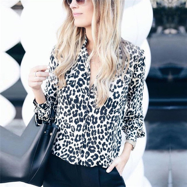 Fashion Women Long Sleeve Leopard Blouse